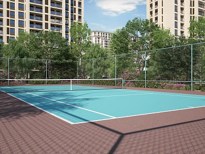 Outdoor Tennis Court Surrounded By Trees And Buildings 3d model