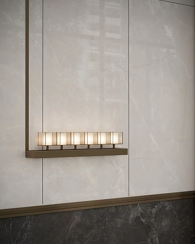 Modern Minimalist Wall Sconce on Light Marble Wall with Elongated Metal Frame and Soft Illumination 3d model