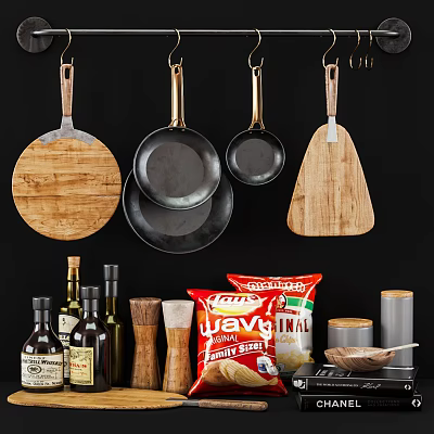 Practical Kitchen Cooking Utensils With Hanging Frying Pans Wooden Cutting Boards And Spice Bottles 3d model