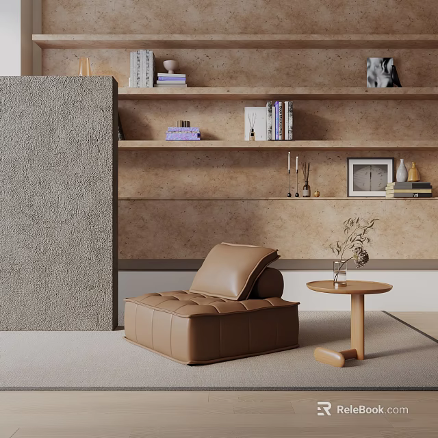 Modern Brown Leather Leisure Chair With Small Wooden Table Shelf Books And Decor 3d model 