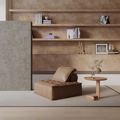 Modern Brown Leather Leisure Chair With Small Wooden Table Shelf Books And Decor 3d model