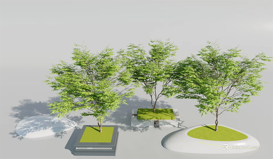 Contemporary Tree Pit Design With Green Trees Square Circular Lawn And Decorative Borders 3d model 