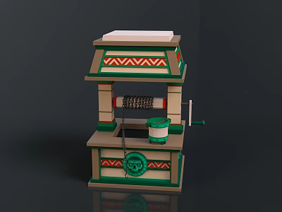 Two Tier Vintage Decorative Stall With Green Red Geometric Patterns White Roof Roller And Cup 3d model