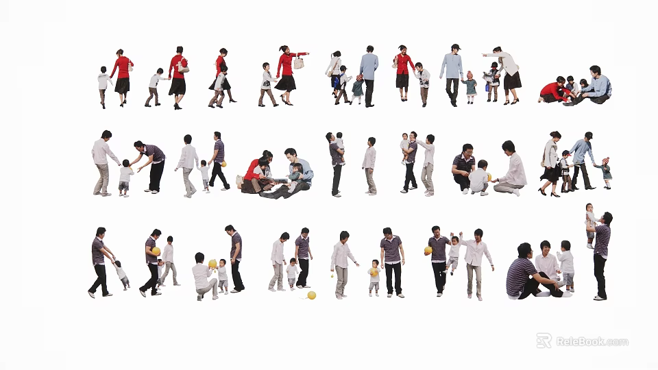 Group Of People In Various Poses Including Adults And Children Interacting Together 3d model 