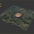 3D Natural Landscape Model Featuring Circular Crater And Green Mountain Terrain