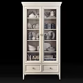 Gray And Dark Gray Glass Door Display Cabinets With Dishes Bowls Plates Cups And Books