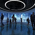 Modern Exhibition Space With People Viewing Large Interactive City Screens 3d model