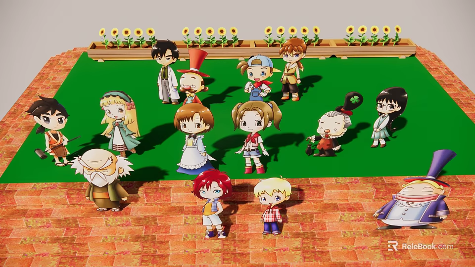 Group of Cartoon Characters Standing on Green Grass Red Brick Ground With Sunflowers Benches Background 3d model 