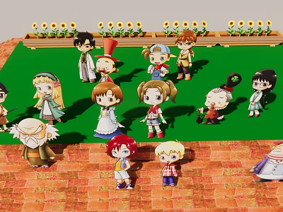 Group of Cartoon Characters Standing on Green Grass Red Brick Ground With Sunflowers Benches Background 3d model