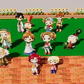 Group of Cartoon Characters Standing on Green Grass Red Brick Ground With Sunflowers Benches Background