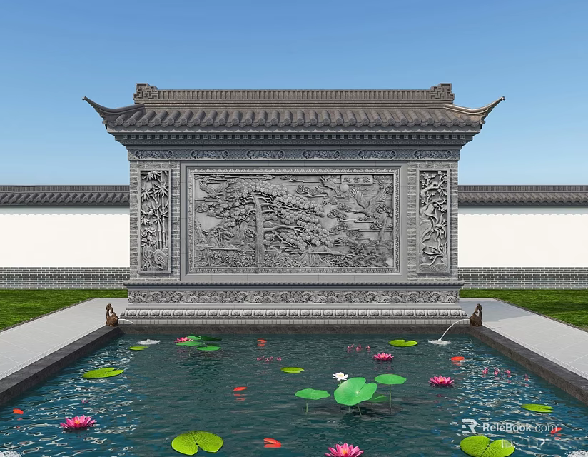 Traditional Chinese Screen Wall With Intricate Stone Carving Front Pond Lotus Leaves And Flowers 3d model 
