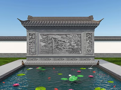 Traditional Chinese Screen Wall With Intricate Stone Carving Front Pond Lotus Leaves And Flowers 3d model