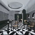 Café Interior With Rattan Chairs Black And White Geometric Floor And Pendant Lights