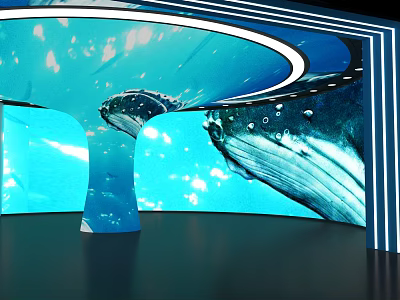 Immersive Exhibition Space Featuring Blue Curved Structure Whale Imagery And Illuminated Lines 3d model