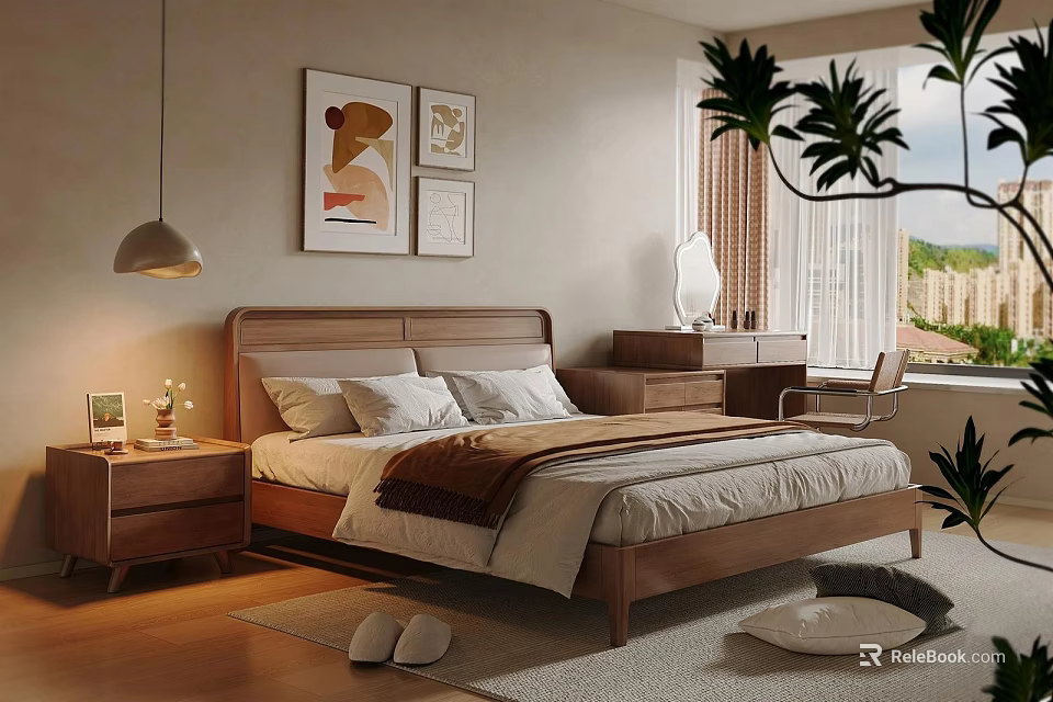 Modern Bedroom Interior Design With Wooden Bed Nightstand Table Lamp Wall Art Window And Plant 3d model 