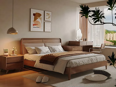 Modern Bedroom Interior Design With Wooden Bed Nightstand Table Lamp Wall Art Window And Plant 3d model