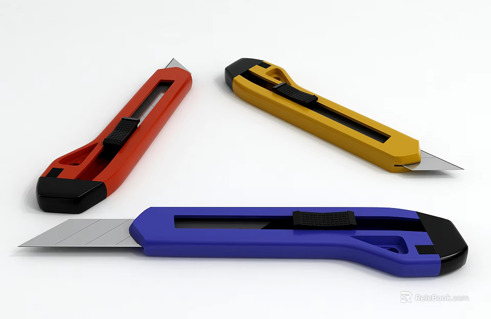 Colorful Utility Weapons With Red Yellow Blue Handles And Sharp Blades 3d model 