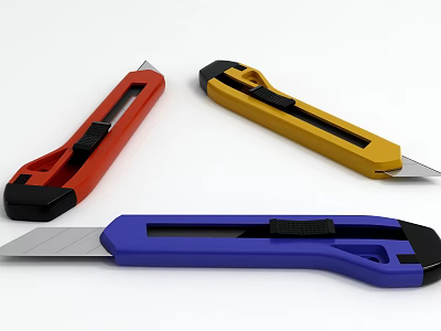 Colorful Utility Weapons With Red Yellow Blue Handles And Sharp Blades 3d model