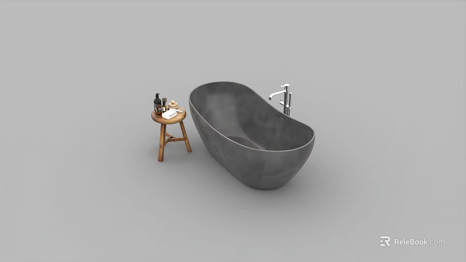 Modern Grey Stone Freestanding Bathtub With Wooden Side Stool And Toiletries 3d model 