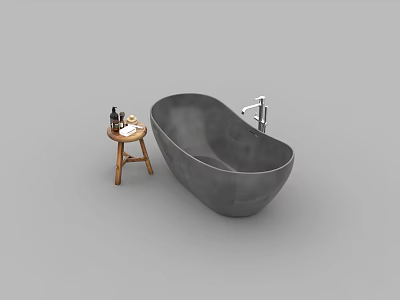 Modern Grey Stone Freestanding Bathtub With Wooden Side Stool And Toiletries 3d model