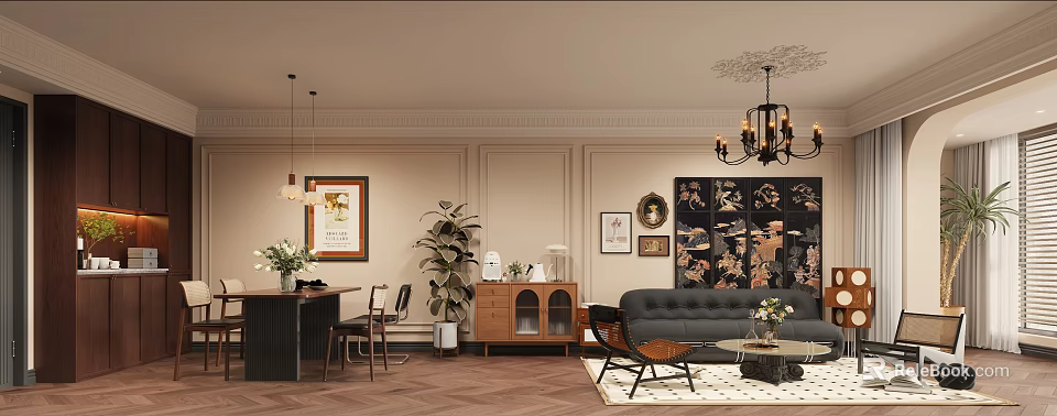 Modern Dining Living Room Interior With Sofa Dining Table Plant Rug And Decorative Art 3d model 