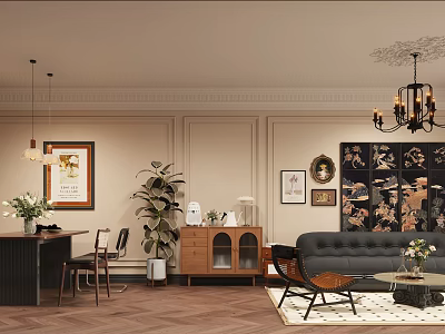 Modern Dining Living Room Interior With Sofa Dining Table Plant Rug And Decorative Art 3d model