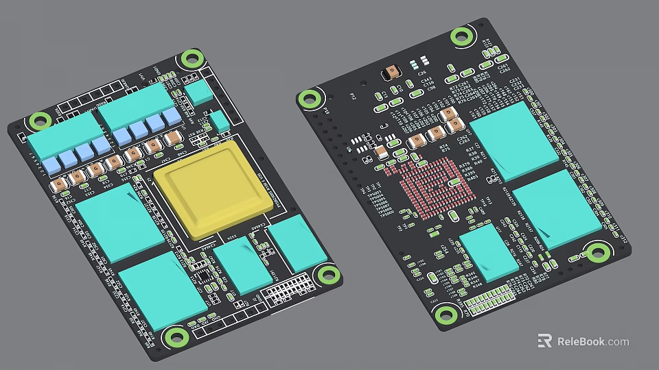 Electronic Circuit Boards With Yellow Square Component Blue Modules Black Substrate And Green Circuitry Design 3d model