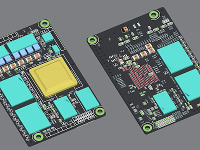 Electronic Circuit Boards With Yellow Square Component Blue Modules Black Substrate And Green Circuitry Design 3d model