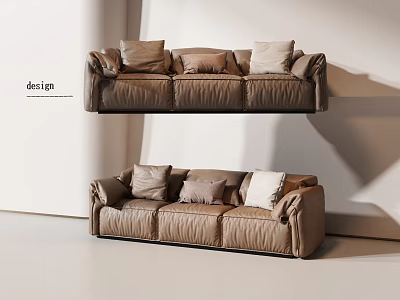 Modern Brown Leather Three Seater Sofa With Soft Cushions In Minimalist Interior 3d model