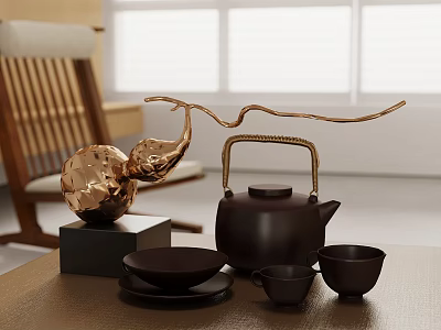 Elegant Dark Brown Tea Set with Teapot Teacups and Copper Decoration on Wooden Table 3d model