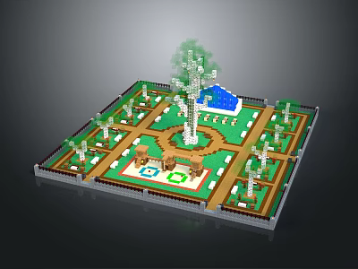 Detailed Miniature Natural Garden With Green Lawn Tall Tree Blue Water Feature And Pathways 3d model