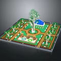 Detailed Miniature Natural Garden With Green Lawn Tall Tree Blue Water Feature And Pathways
