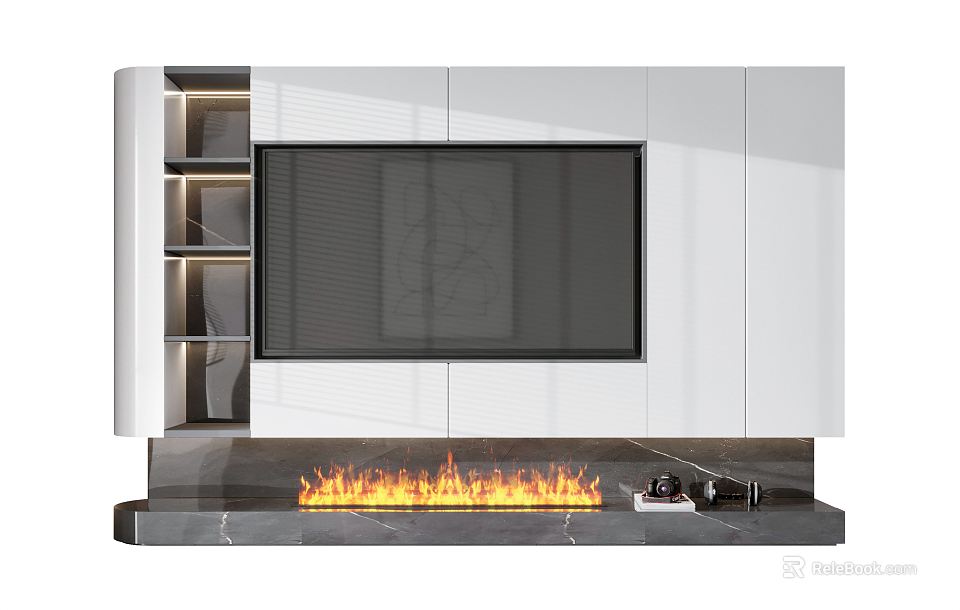 Modern TV Wall Unit Design With White Cabinetry TV Screen Marble Base And Fireplace Flames 3d model 