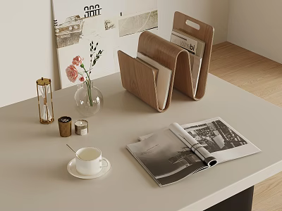 Modern Decorative Ornaments Set with Wooden File Holder Glass Vase Flowers and Magazine on Table 3d model