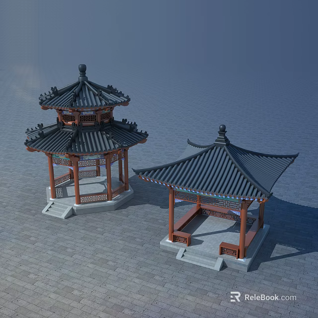 Two Traditional Chinese Pavilions Featuring Curved Roofs Wooden Structures And Stone Bases 3d model 