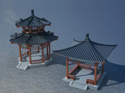 Two Traditional Chinese Pavilions Featuring Curved Roofs Wooden Structures And Stone Bases 3d model