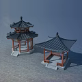 Two Traditional Chinese Pavilions Featuring Curved Roofs Wooden Structures And Stone Bases
