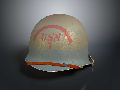 Vintage USN Military Helmet With Red Logo And Orange Strap Detail 3d model