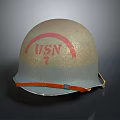 Vintage USN Military Helmet With Red Logo And Orange Strap Detail