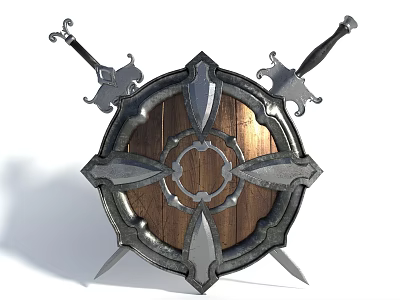 Medieval Weapon Display With Decorative Round Shield Crossed Swords Wooden And Metal Parts 3d model