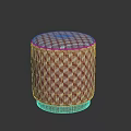 Round Upholstered Stool With Red And White Checkered Fabric And Wooden Base