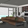 Modern Living Dining Room Interior Design With Large Windows Brown Sofa Coffee Table And Open Kitchen 3d model