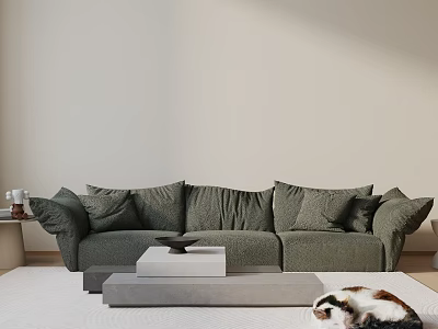 Plush Gray Three Seater Sofa With Soft Cushions Coffee Table And Pet Cat On Neutral Floor 3d model