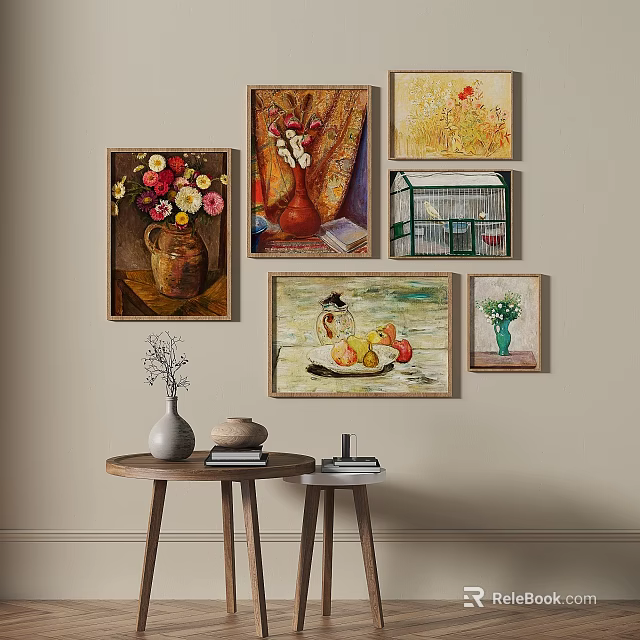 Wall Art Decor With Flower Vase Birdcage And Fruit Paintings On Small Tables 3d model 