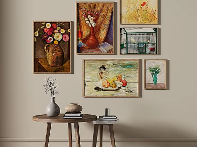 Wall Art Decor With Flower Vase Birdcage And Fruit Paintings On Small Tables 3d model
