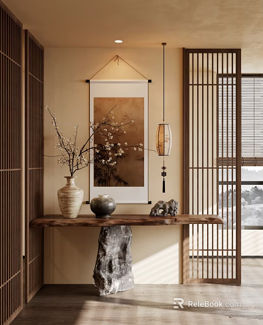 Traditional Entryway Design With Wooden Screens Scroll Painting Lantern Light And Decorative Stones 3d model 