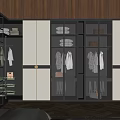 Modern Bedroom Interior With Stylish Wardrobe Featuring Glass And Wooden Doors And Hanging Clothes Storage