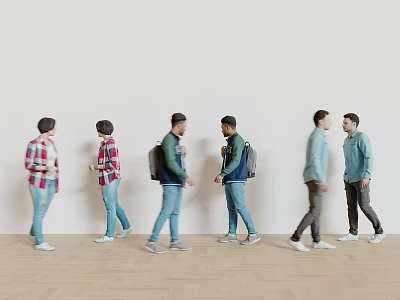 Group of People Walking in Casual Outfits Along White Wall And Wooden Floor 3d model