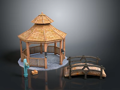 Wooden Gazebo With Hexagonal Roof Railing And Surrounding Decorative Bridge On Gravel Ground 3d model
