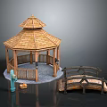 Wooden Gazebo With Hexagonal Roof Railing And Surrounding Decorative Bridge On Gravel Ground
